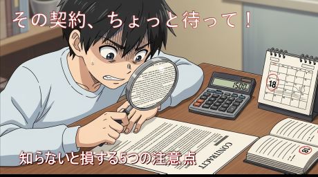 DMM×DAZNホーダイの契約書を虫眼鏡で確認する男性